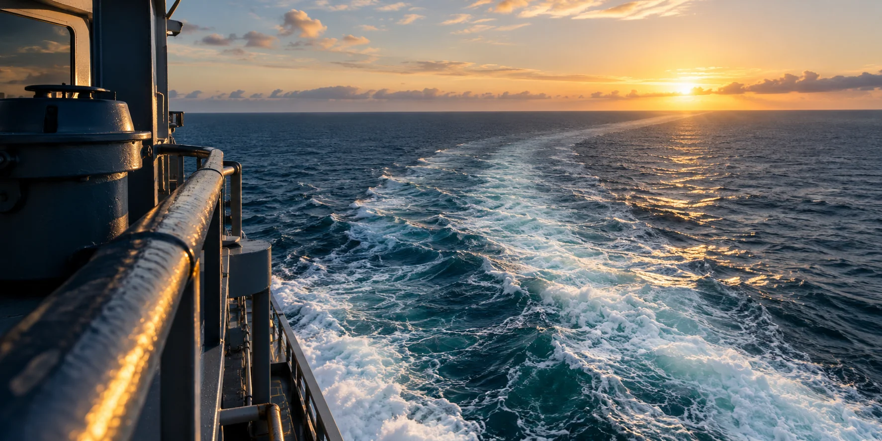 Illustrative view from a commercial vessel across an ocean wake