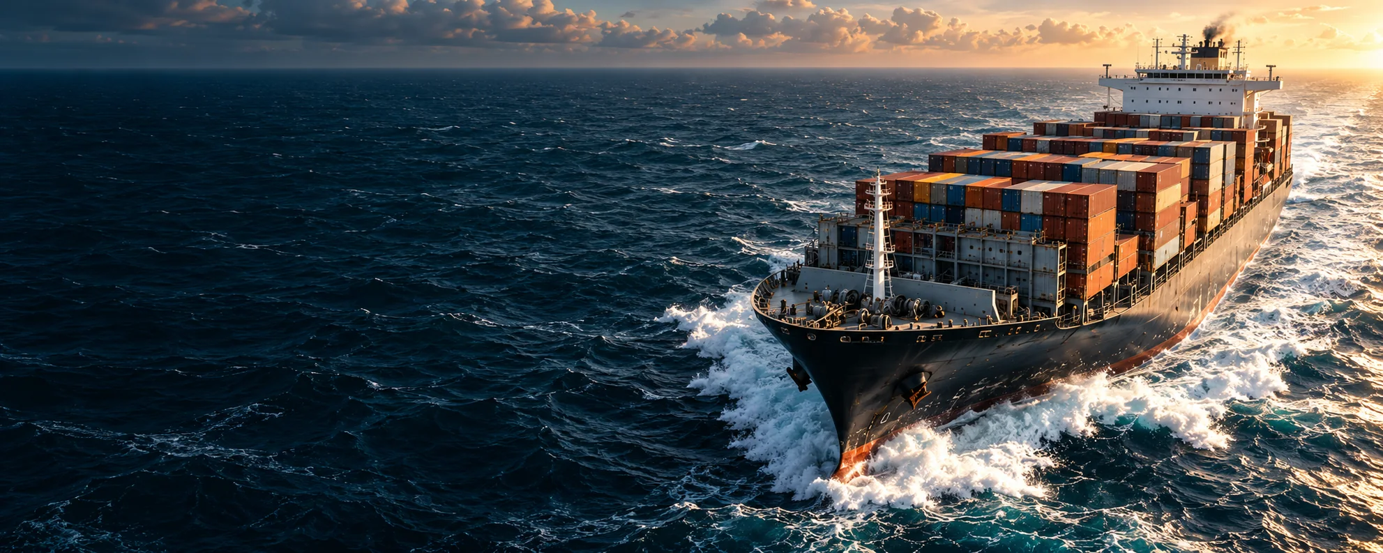 Illustrative view of a container ship underway through ocean waves